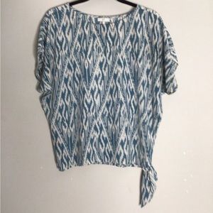 Joie blue ikat print silk blouse. Side tie. Size large.